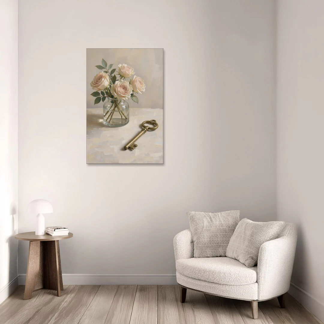 Vase of Flowers Painting with a Brass Key - Canvas Wall Art - Sofa - 24x36