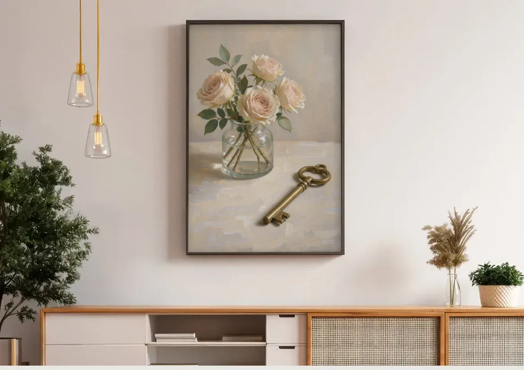 Vase of Flowers Painting with a Brass Key canvas wall art above a wooden sideboard under pendant lights