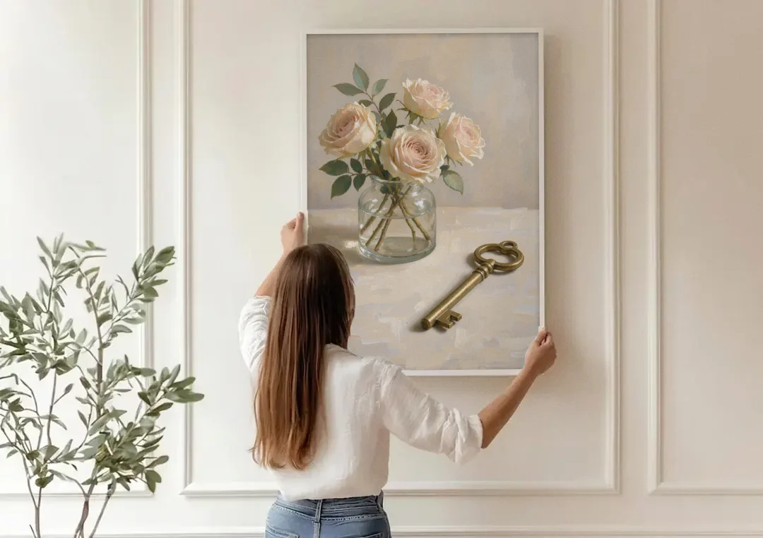 Vase of Flowers Painting with a Brass Key canvas wall art being hung on a paneled wall
