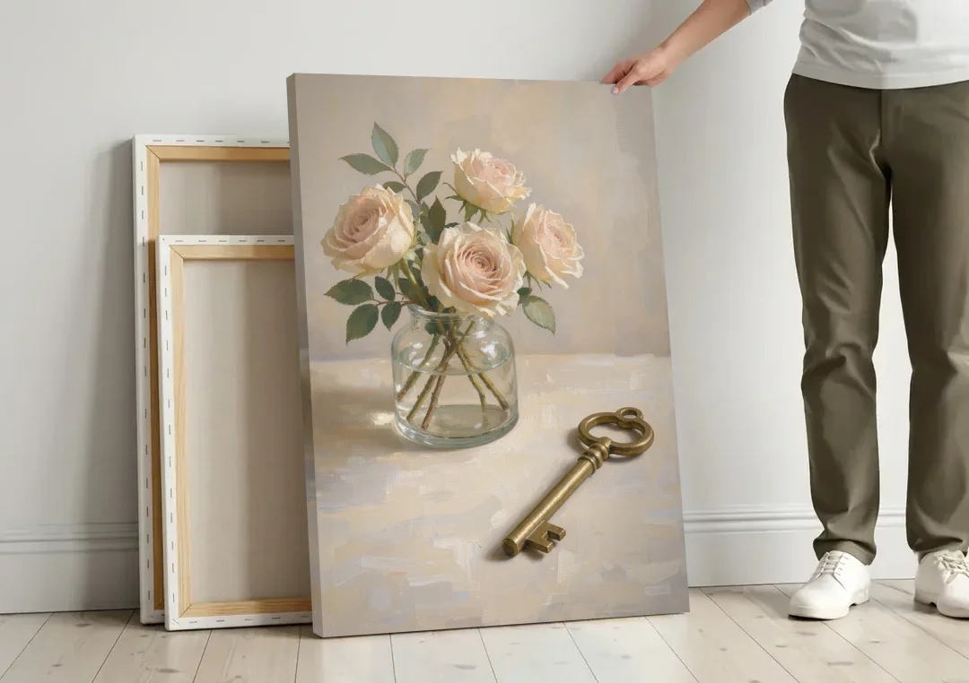 Vase of Flowers Painting with a Brass Key canvas wall art leaning against a wall next to blank canvases