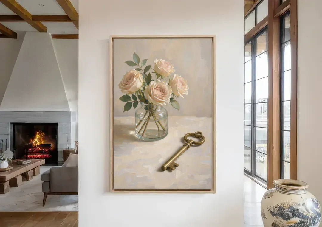 Vase of Flowers Painting with a Brass Key canvas wall art in a living room with a fireplace