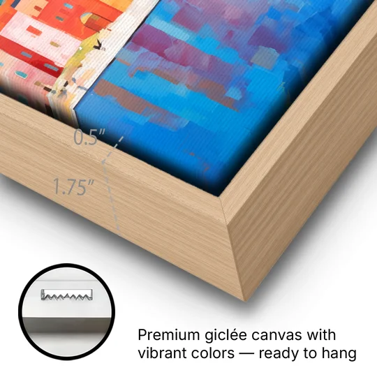 Venice Art with an Orange Sail - Oak Framed Canvas Wall Art - Gallery Wrap Corner