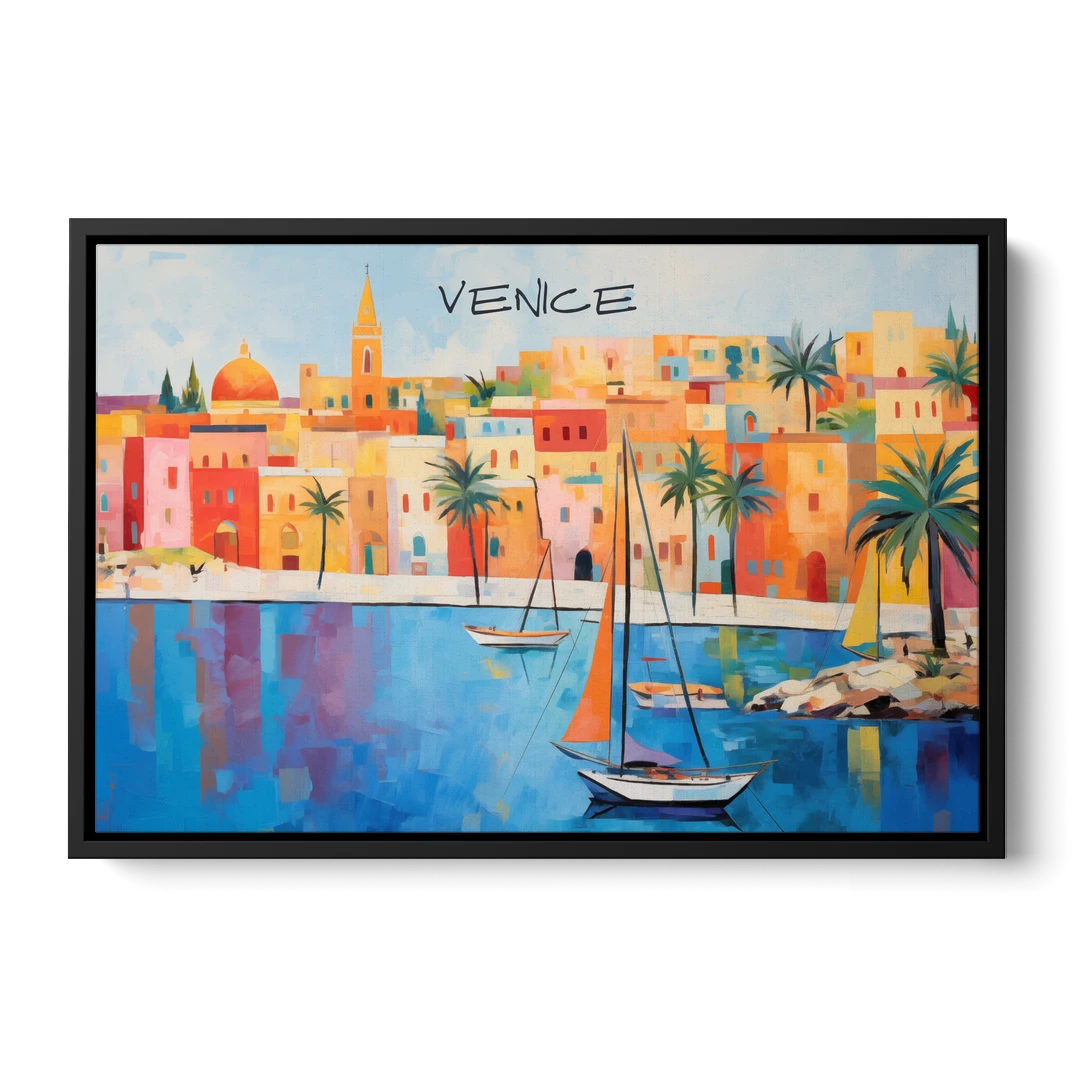 Venice Art with an Orange Sail - Black Framed Canvas Wall Art - Front