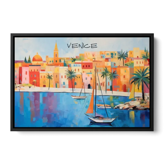Venice Art with an Orange Sail - Black Framed Canvas Wall Art - Front