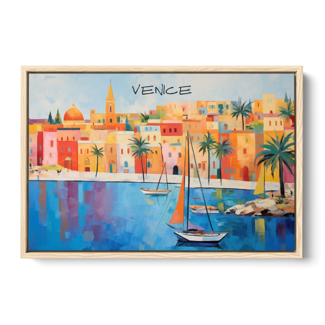 Venice Art with an Orange Sail - Oak Framed Canvas Wall Art - Front