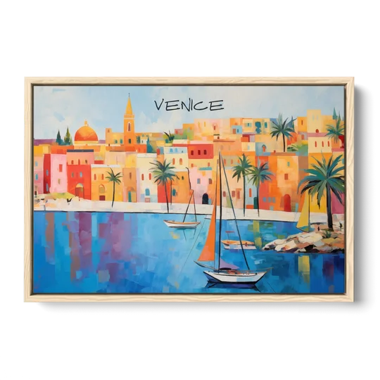 Venice Art with an Orange Sail - Oak Framed Canvas Wall Art - Front