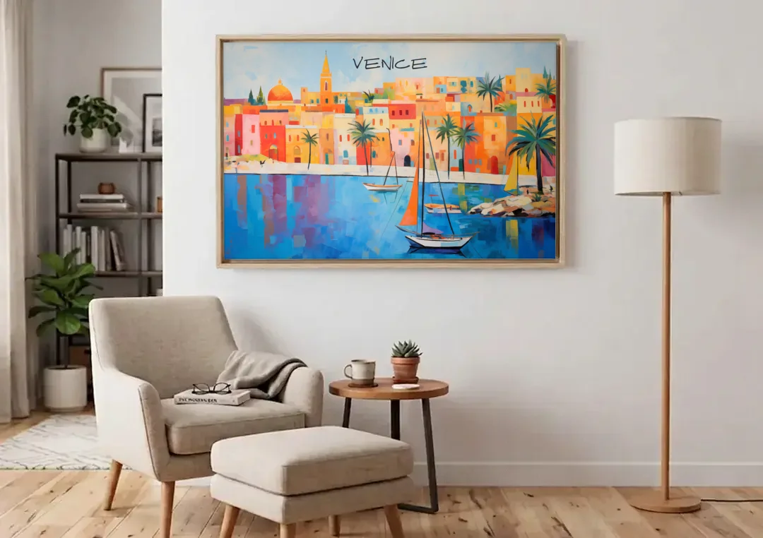 Venice Art with an Orange Sail canvas wall art above an armchair in a bright living room