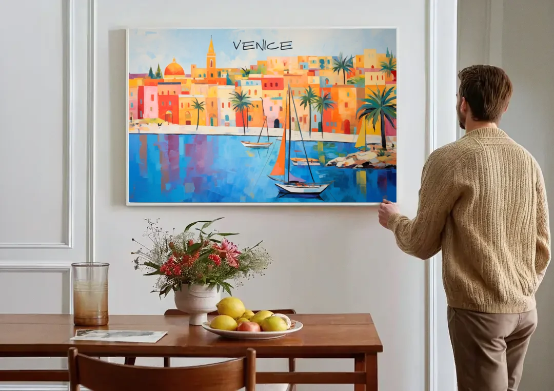 Venice Art with an Orange Sail canvas wall art above a dining table