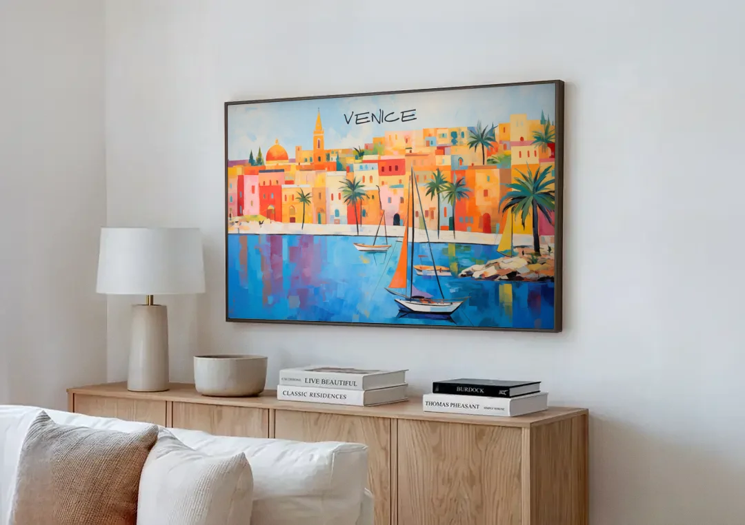 Venice Art with an Orange Sail canvas wall art above a wooden sideboard next to a sofa