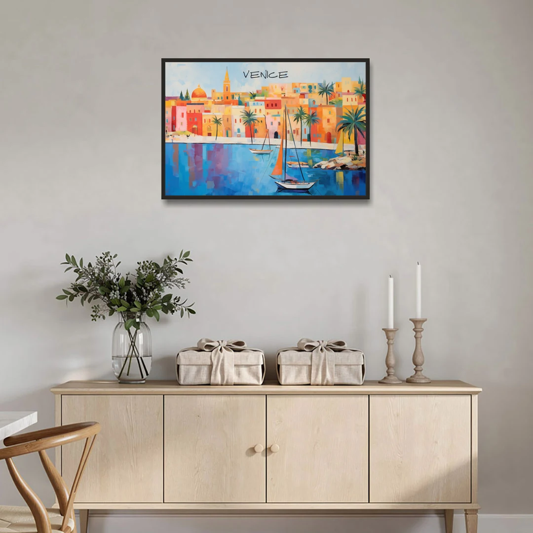 Venice Art with an Orange Sail - Black Framed Canvas Wall Art - Coffee Table - 36x24
