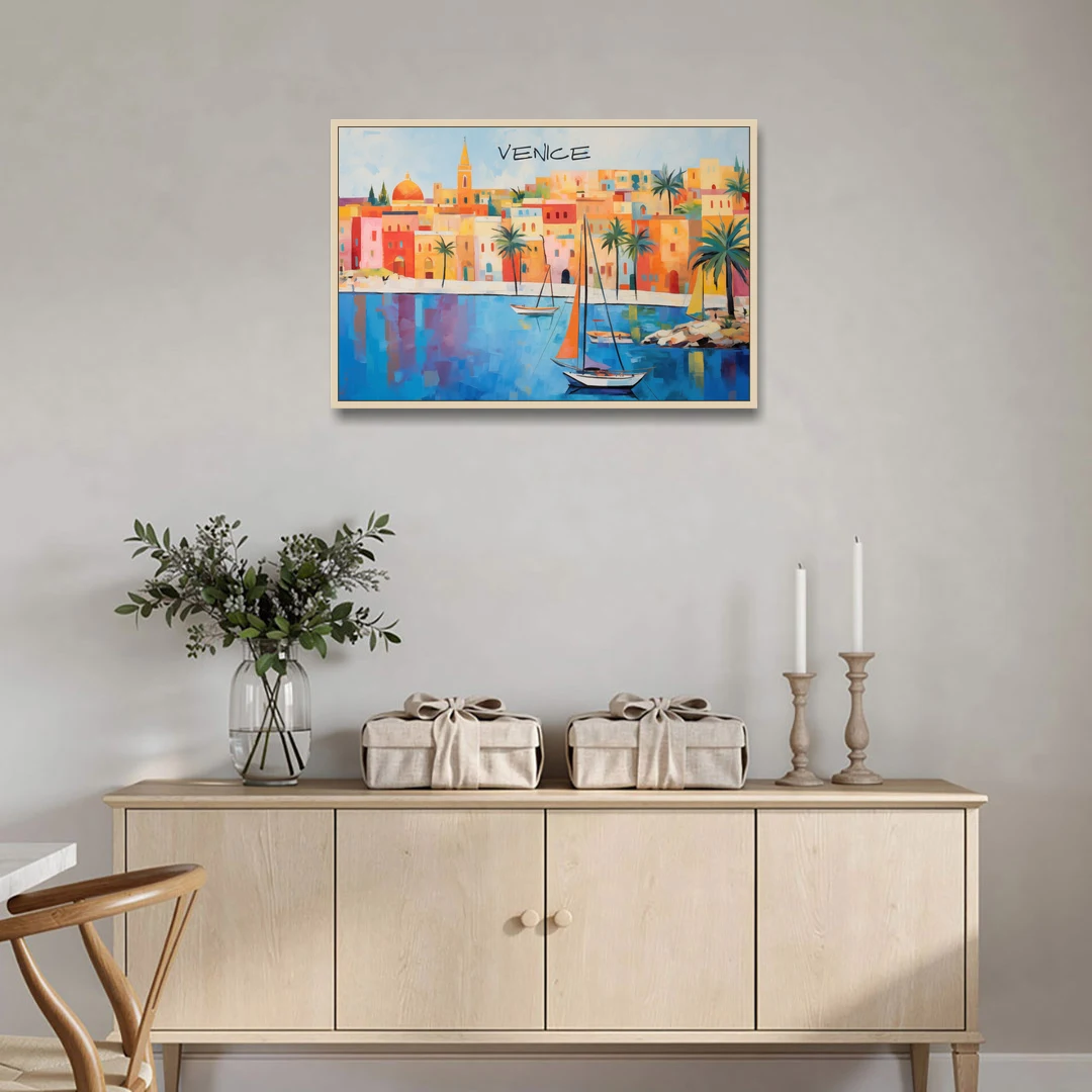 Venice Art with an Orange Sail - Oak Framed Canvas Wall Art - Coffee Table - 36x24