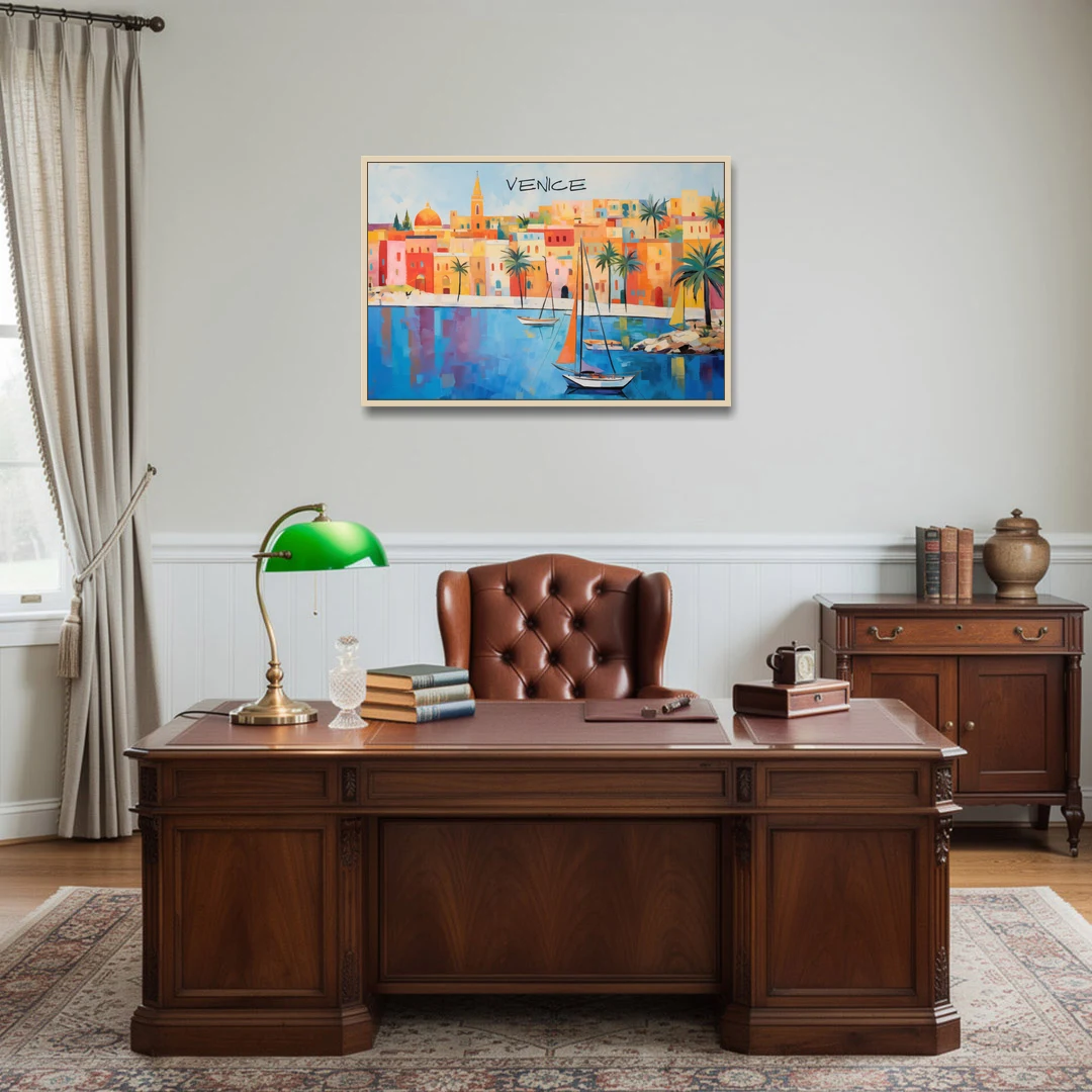 Venice Art with an Orange Sail - Oak Framed Canvas Wall Art - Office - 36x24