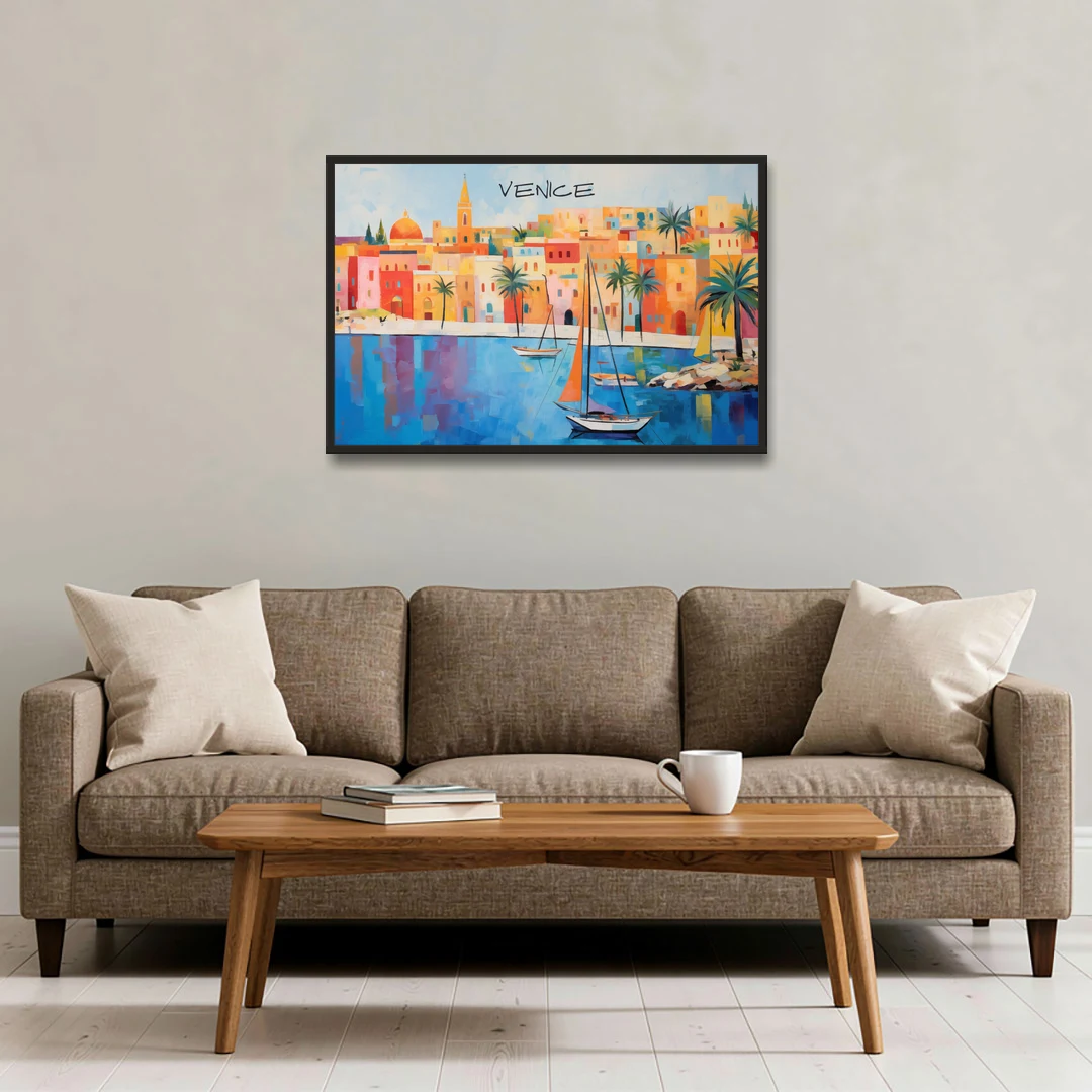 Venice Art with an Orange Sail - Black Framed Canvas Wall Art - Sofa - 36x24