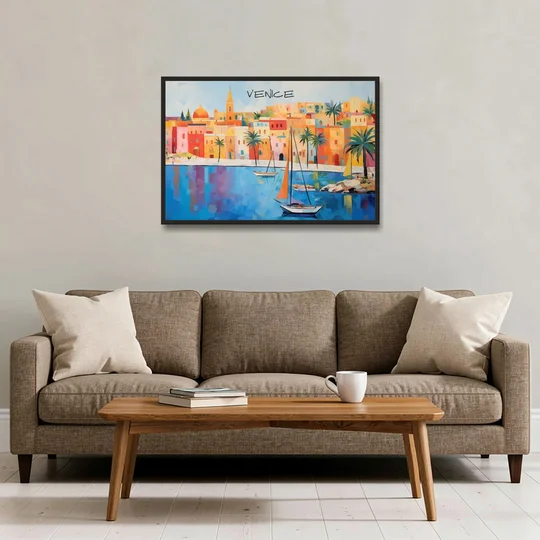 Venice Art with an Orange Sail - Black Framed Canvas Wall Art - Sofa - 36x24