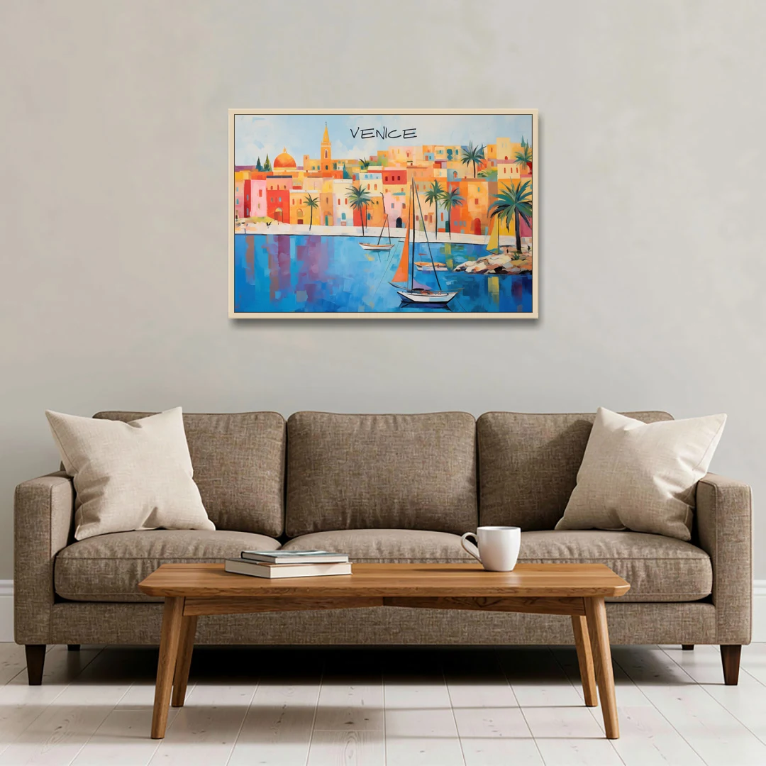 Venice Art with an Orange Sail - Oak Framed Canvas Wall Art - Sofa - 36x24