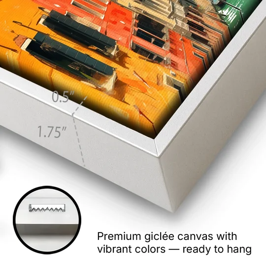 Venice Canal Painting with a Distant Dome - White Framed Canvas Wall Art - Gallery Wrap Corner