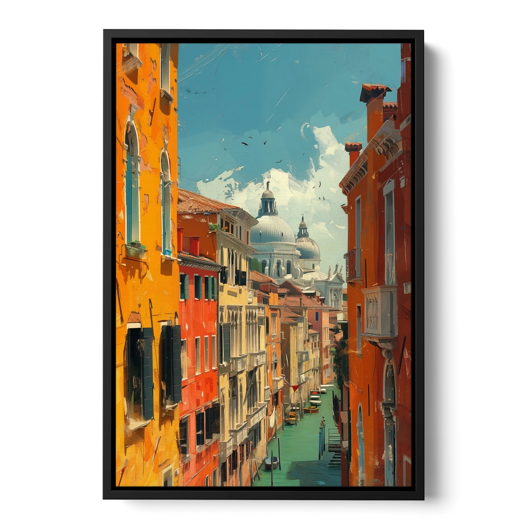 Venice Canal Painting with a Distant Dome - Black Framed Canvas Wall Art - Front
