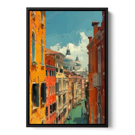 Venice Canal Painting with a Distant Dome - Black Framed Canvas Wall Art - Front