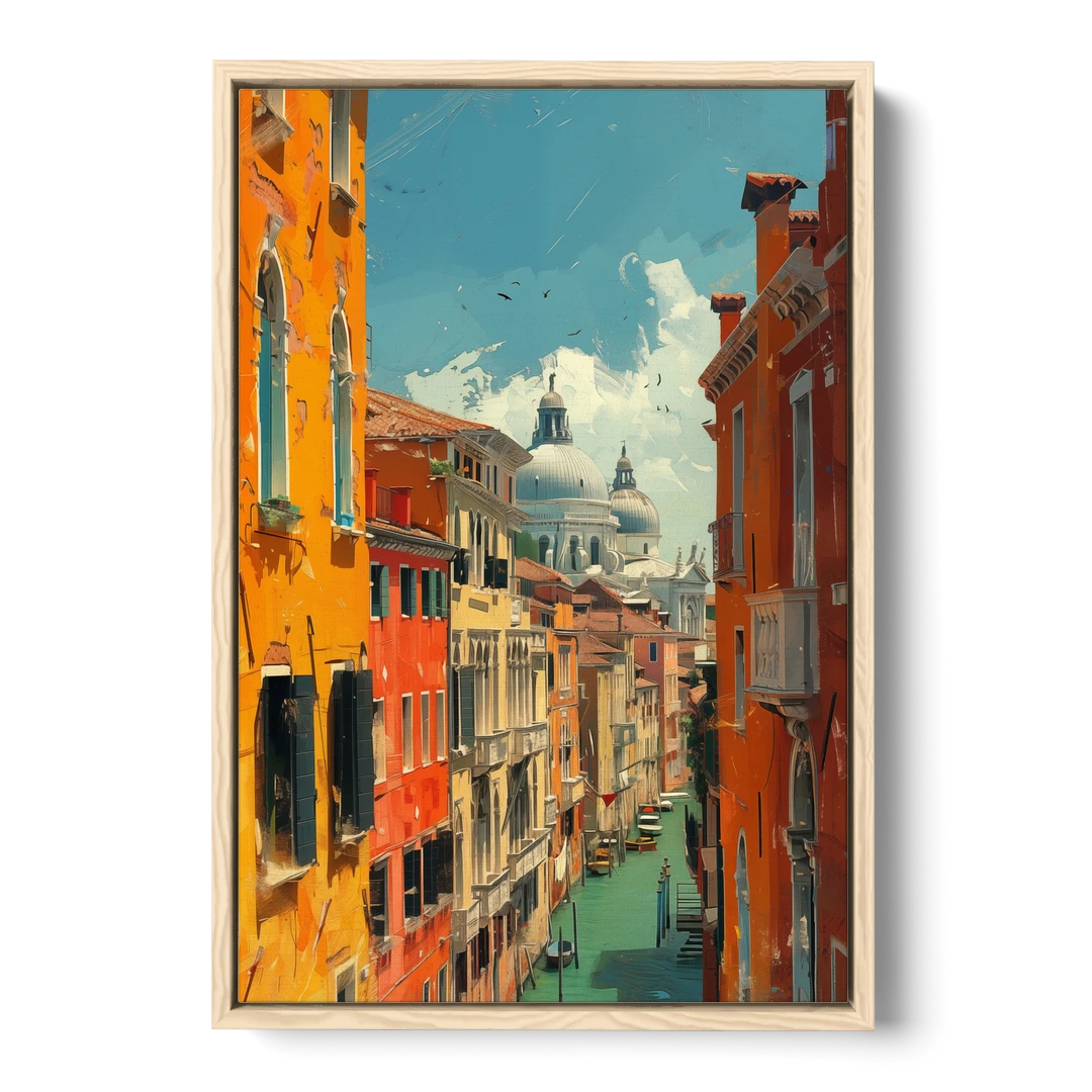 Venice Canal Painting with a Distant Dome - Oak Framed Canvas Wall Art - Front