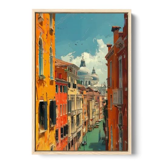 Venice Canal Painting with a Distant Dome - Oak Framed Canvas Wall Art - Front