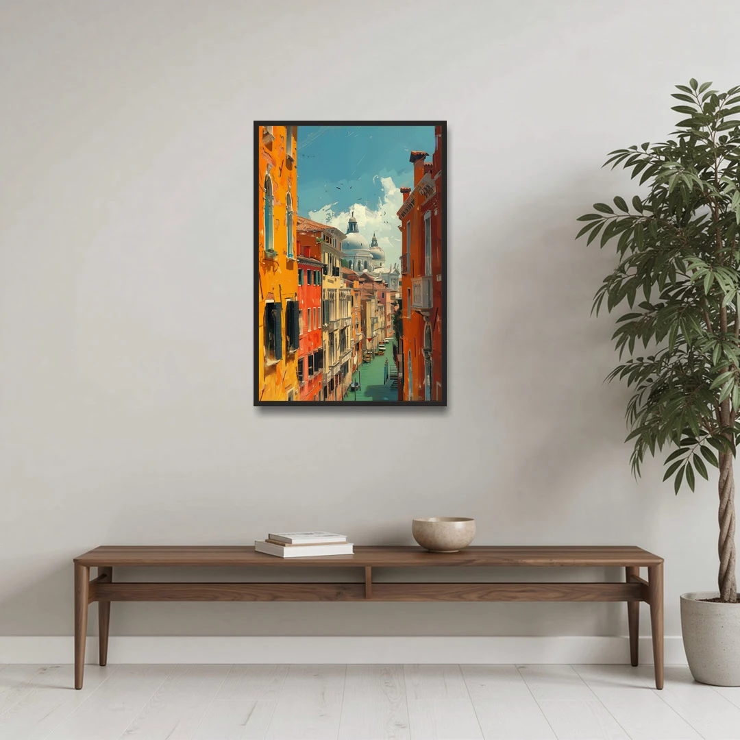 Venice Canal Painting with a Distant Dome - Black Framed Canvas Wall Art - Coffee Table - 24x36