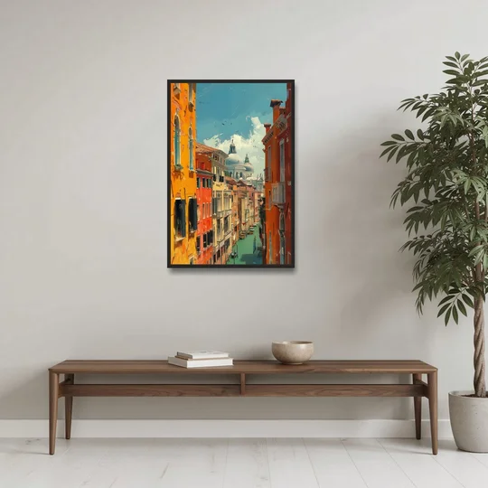 Venice Canal Painting with a Distant Dome - Black Framed Canvas Wall Art - Coffee Table - 24x36
