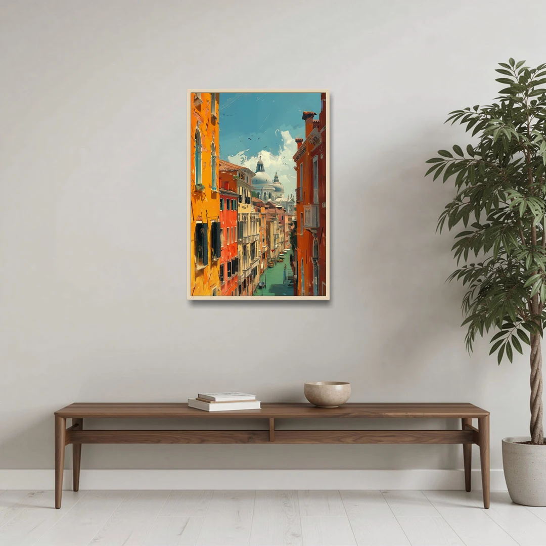 Venice Canal Painting with a Distant Dome - Oak Framed Canvas Wall Art - Coffee Table - 24x36