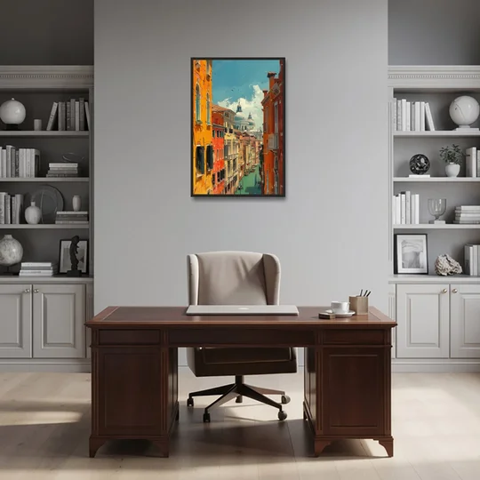 Venice Canal Painting with a Distant Dome - Black Framed Canvas Wall Art - Office - 24x36