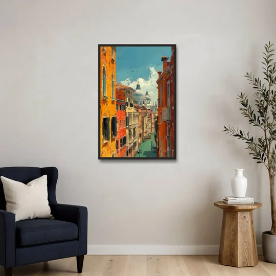 Venice Canal Painting with a Distant Dome - Black Framed Canvas Wall Art - Sofa - 24x36
