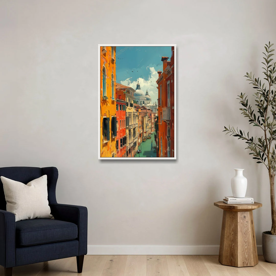 Venice Canal Painting with a Distant Dome - White Framed Canvas Wall Art - Sofa - 24x36