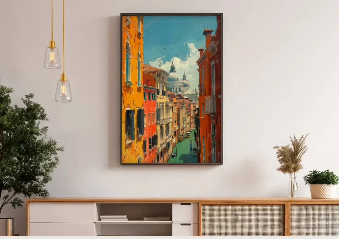 Venice Canal Painting with a Distant Dome canvas wall art above a wooden sideboard under pendant lights