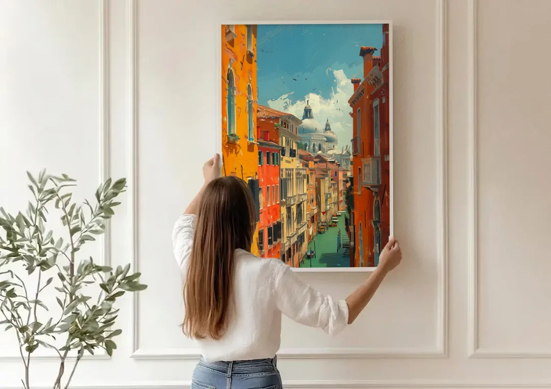 Venice Canal Painting with a Distant Dome canvas wall art being hung on a paneled wall