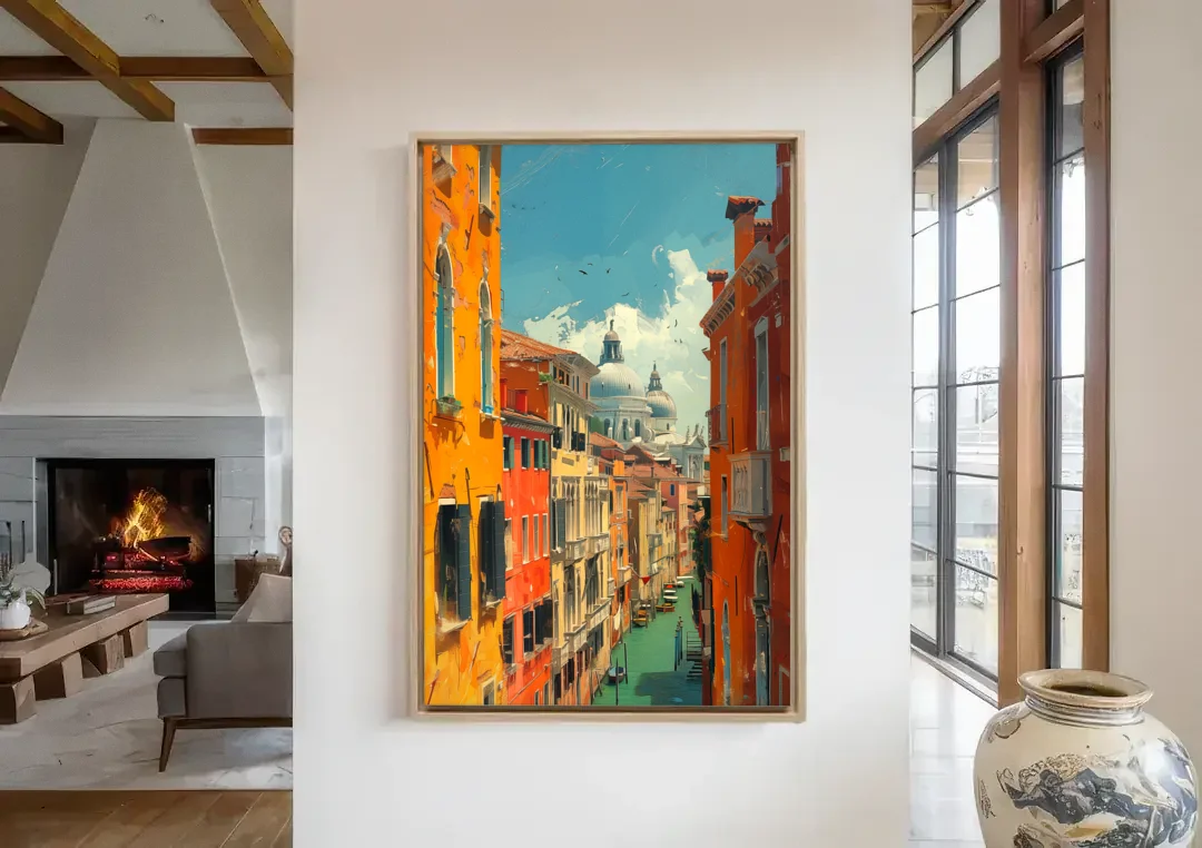 Venice Canal Painting with a Distant Dome canvas wall art in a living room with a fireplace