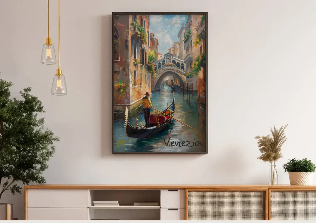 Venice Painting of a Gondolier canvas wall art above a wooden sideboard under pendant lights