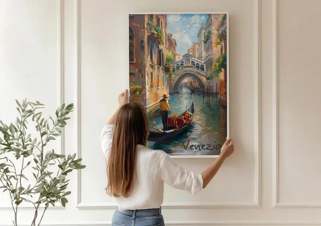 Venice Painting of a Gondolier canvas wall art being hung on a paneled wall