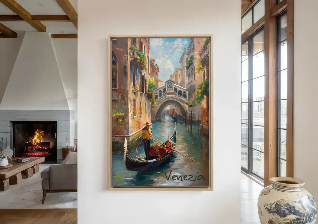 Venice Painting of a Gondolier canvas wall art in a living room with a fireplace