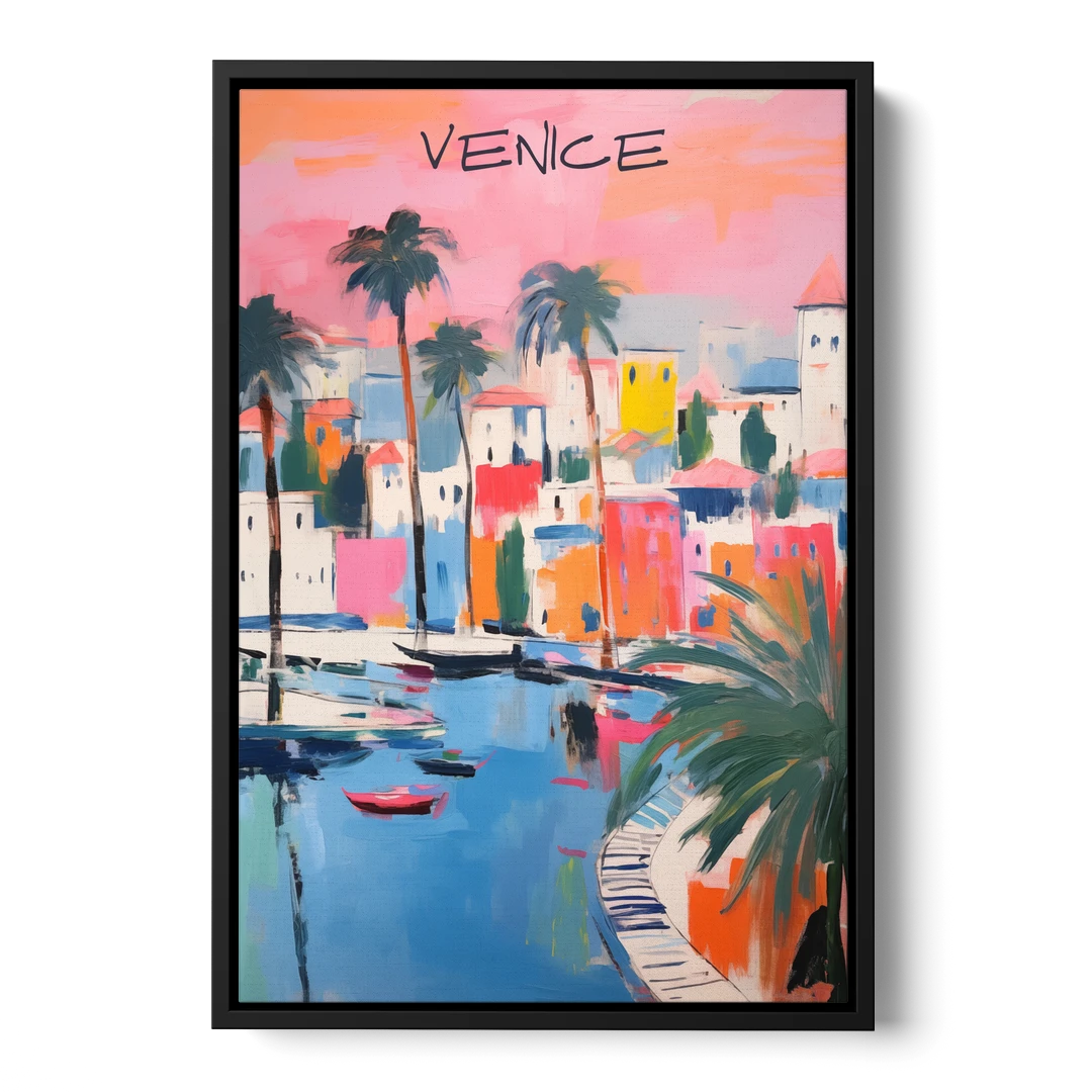 Venice Wall Art Under a Pink Sky - Black Framed Canvas Wall Art - Front