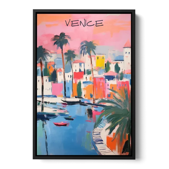 Venice Wall Art Under a Pink Sky - Black Framed Canvas Wall Art - Front