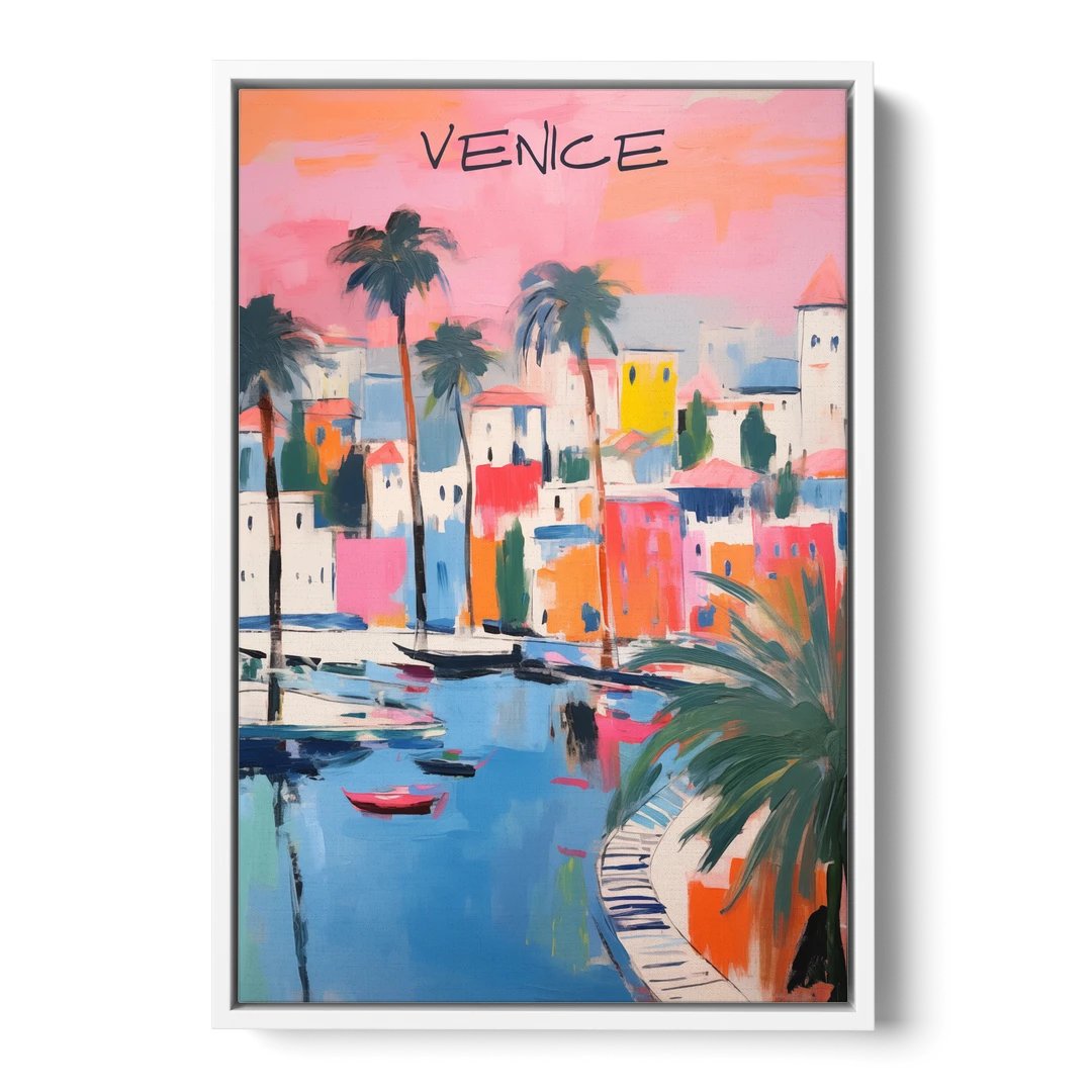 Venice Wall Art Under a Pink Sky - White Framed Canvas Wall Art - Front