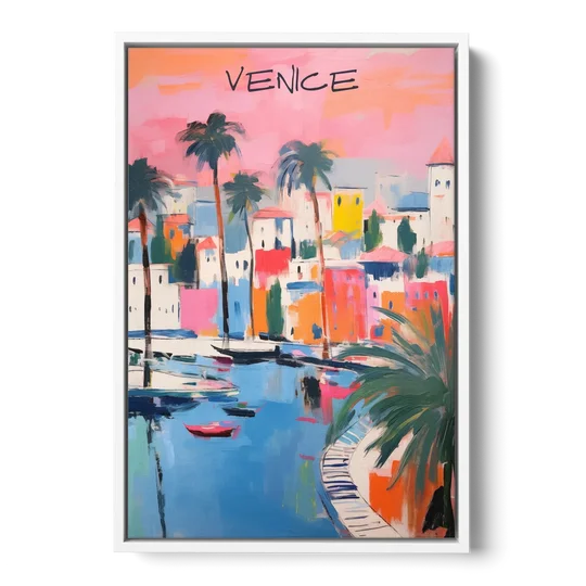 Venice Wall Art Under a Pink Sky - White Framed Canvas Wall Art - Front