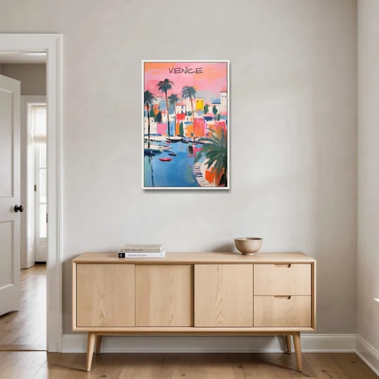 Venice Wall Art Under a Pink Sky - White Framed Canvas Wall Art - Coffee Table - 24x36