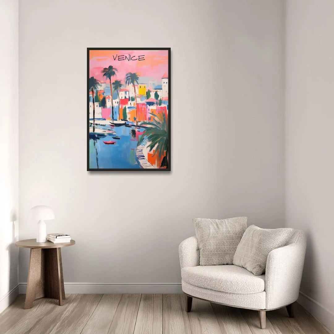 Venice Wall Art Under a Pink Sky - Black Framed Canvas Wall Art - Sofa - 24x36