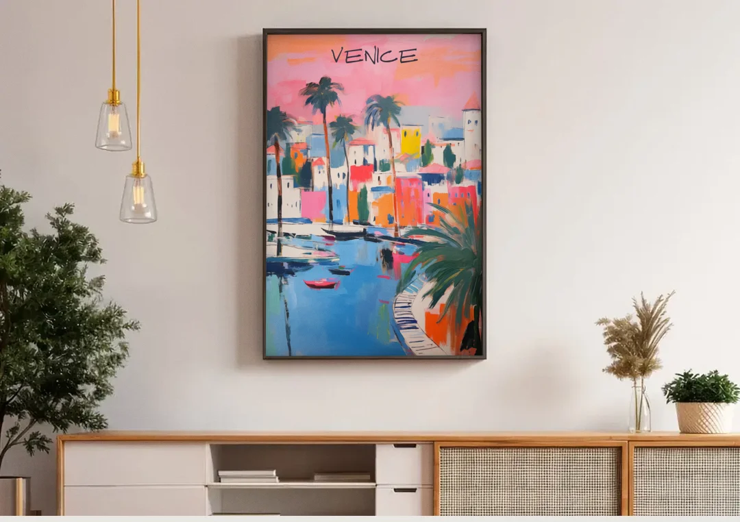 Venice Wall Art Under a Pink Sky canvas wall art above a wooden sideboard under pendant lights