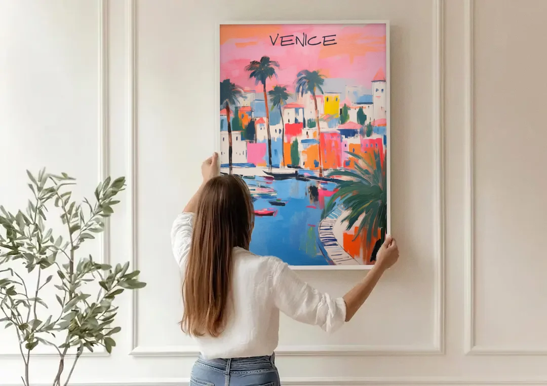Venice Wall Art Under a Pink Sky canvas wall art being hung on a paneled wall