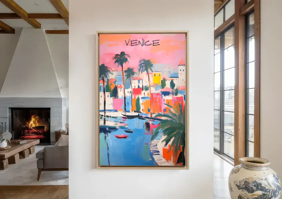 Venice Wall Art Under a Pink Sky canvas wall art in a living room with a fireplace