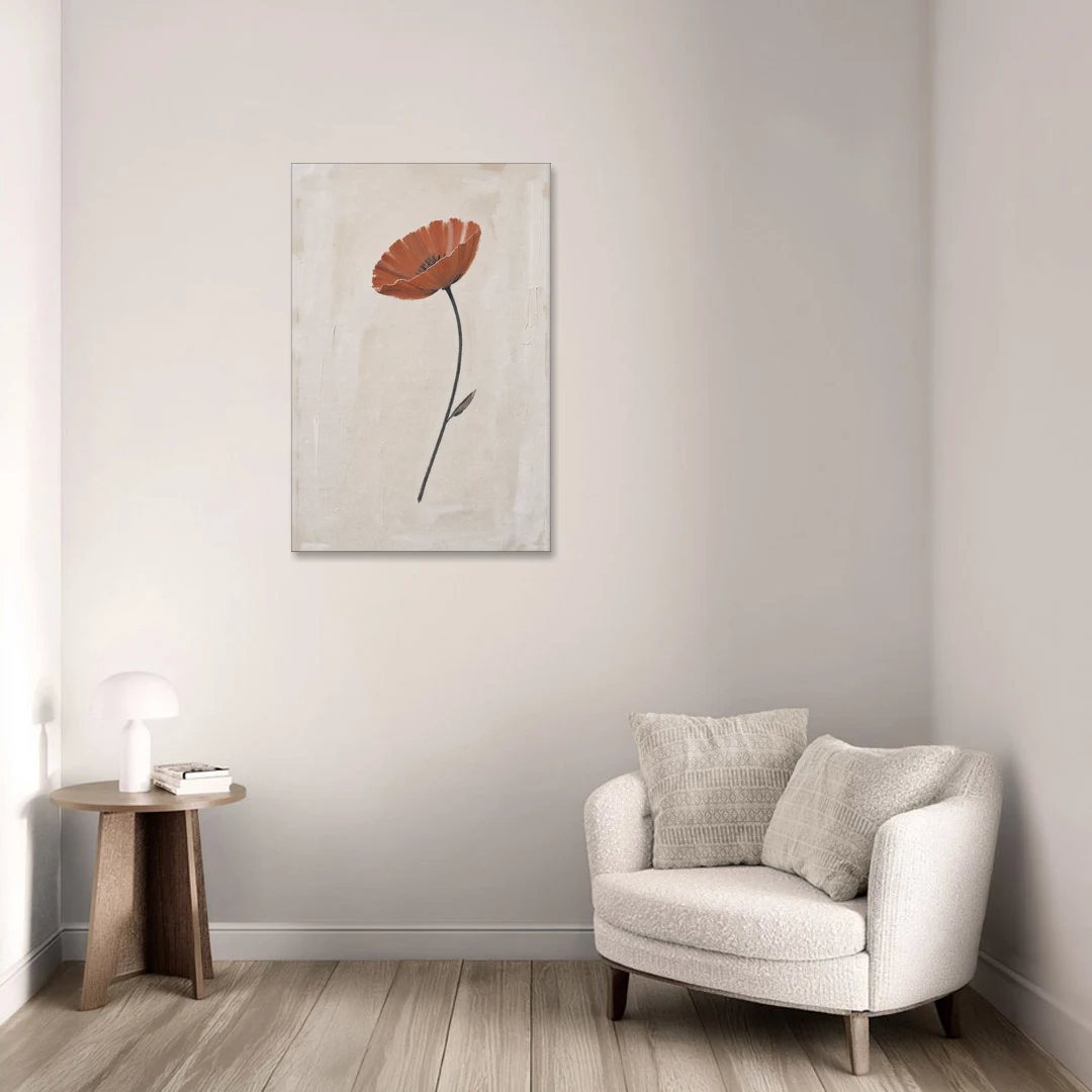 Vermilion Poppy on a Long Black Stem - Canvas Wall Art - Sofa - 24x36