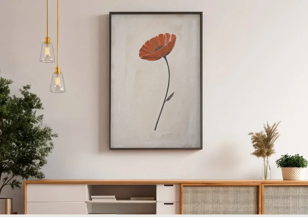 Vermilion Poppy on a Long Black Stem canvas wall art above a wooden sideboard under pendant lights