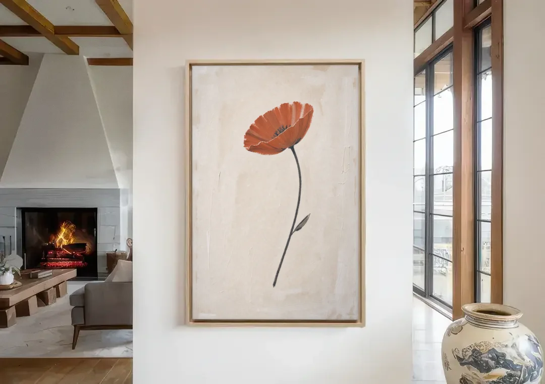 Vermilion Poppy on a Long Black Stem canvas wall art in a living room with a fireplace