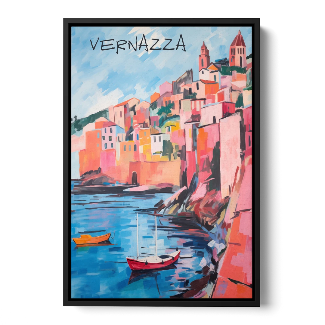 Vernazza Painting with Red Boats - Black Framed Canvas Wall Art - Front