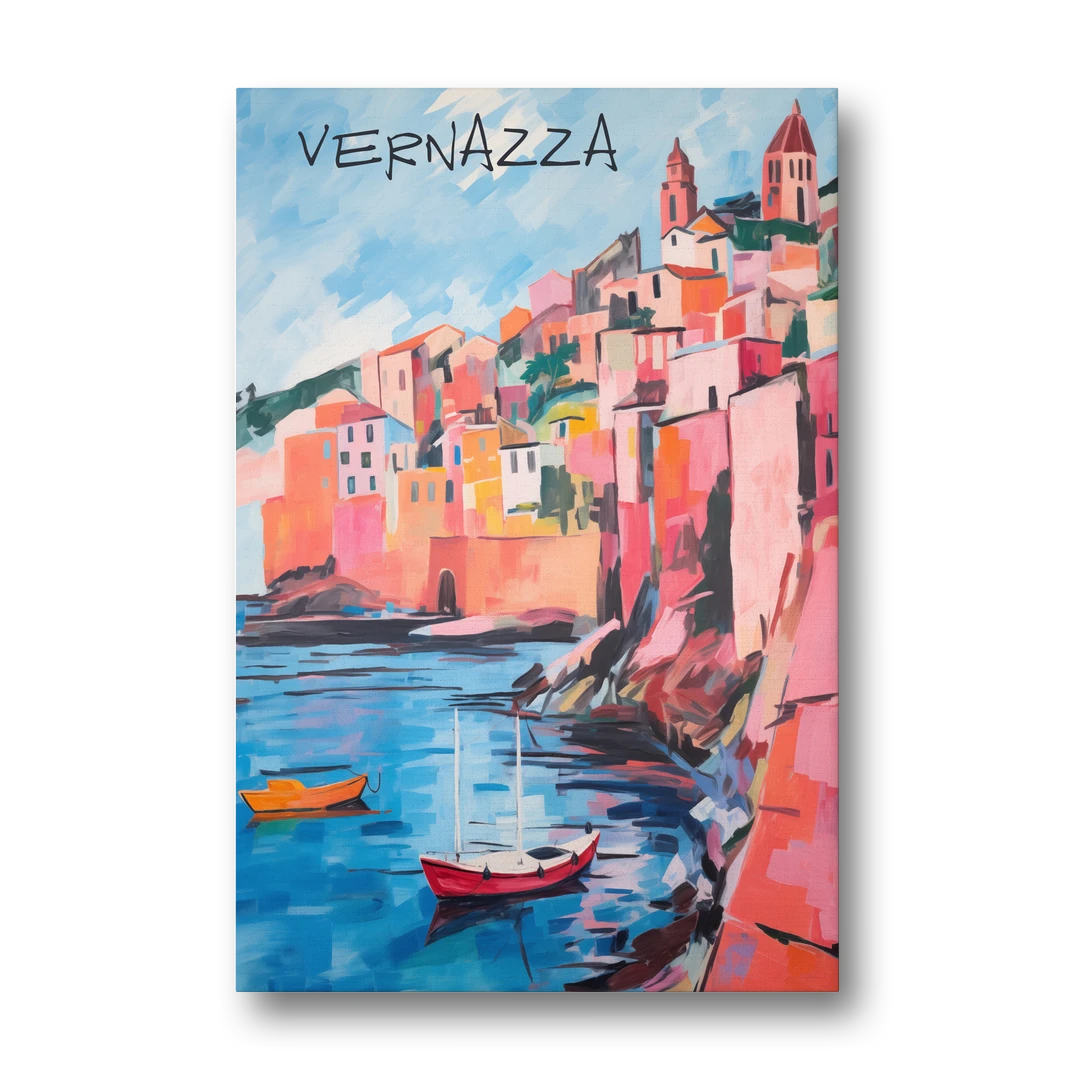 Vernazza Painting with Red Boats - Canvas Wall Art - Front